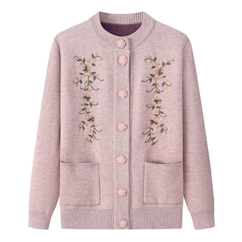 Dámský plusový sametový zesílený kardigan - Jarní a podzimní pletený svetr pro středního věku a starší