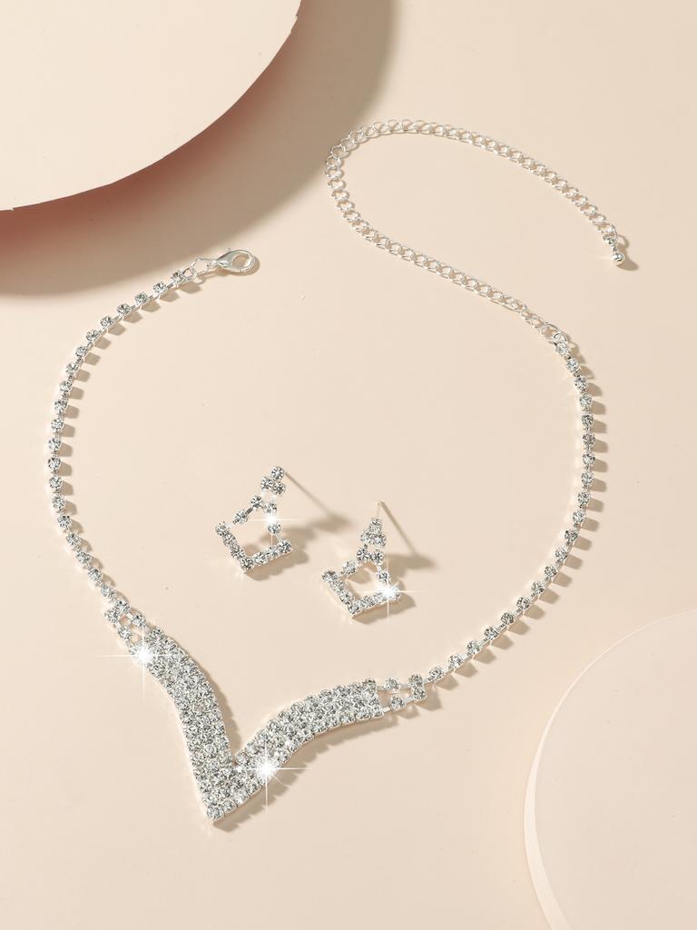 Fashion Rhinestone Love Necklace Earrings Set, Shiny Bridal Necklace Earrings