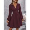 Autumn and Winter New Slanted Collar Lantern Sleeve Pleated Waist Dress