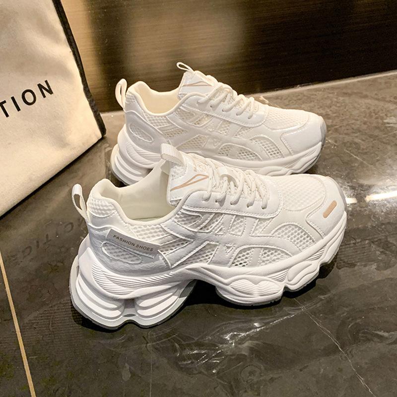 Korean Version of Versatile Platform Dad Shoes 2025 New Soft Leather Single Net Breathable Women's Inner Height-increasing Sports and Leisure Shoes