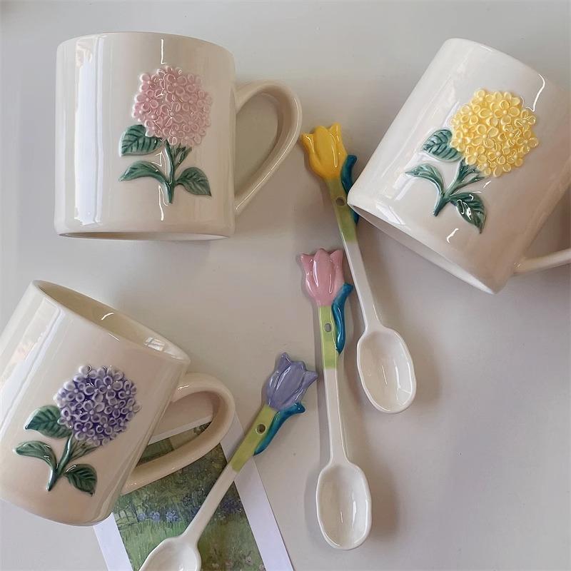 Japanese-Style Handmade Three-Dimensional Color Hydrangea High-Value Literary Relief Ceramic Breakfast Cup Drinking Cup