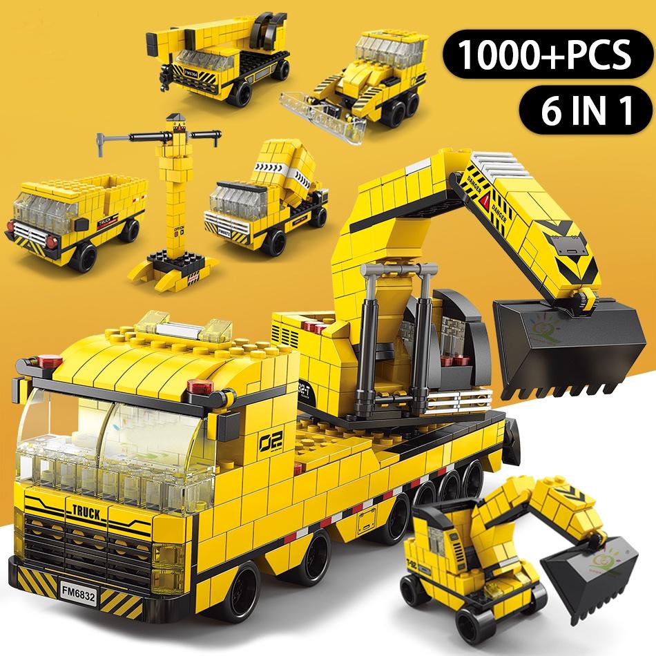 1000pcs 6 In 1 Engineering Crane Truck Building Blocks City Construction Bricks Bulldozer Car Set for Children Kids TOYS
