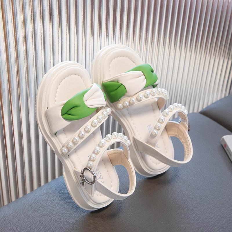 Children Sandals for Girls Kids Fashion Pleated with Pearls Open-toe Versatile Flat Non-slip Princess Shoes Casual 2024 Summer
