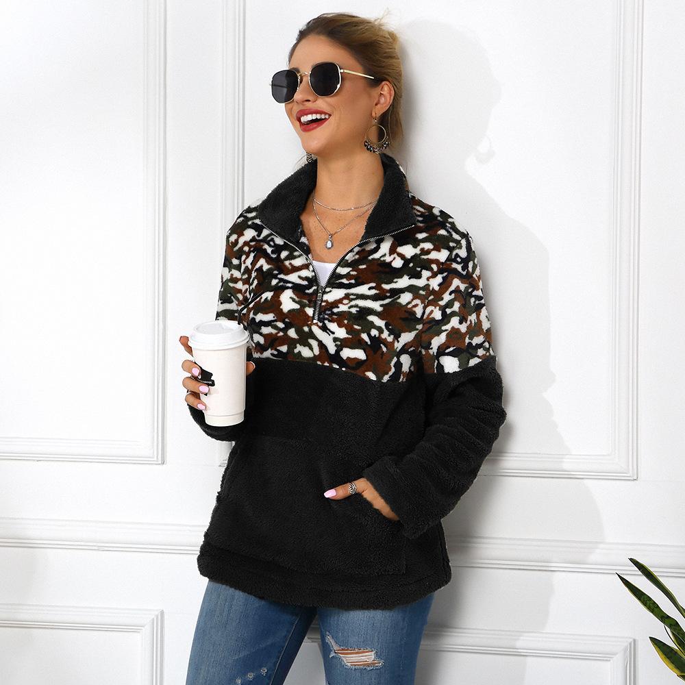 

Women Hoodies Top Zipper Lapel Double-sided Velvet Leopard Pattern Stitching Sweater Women XXL