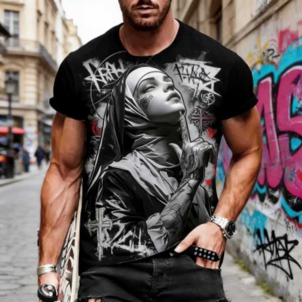 

Europe America Nun Print Men s T-Shirts Fashion Street Short-Sleeve Outdoor Casual Tops Men s and Women s Tees Top XXS