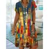 Robe Élégante à Manches Courtes pour Femmes Printemps et Été, Robe Imprimée Géométrique à la Mode