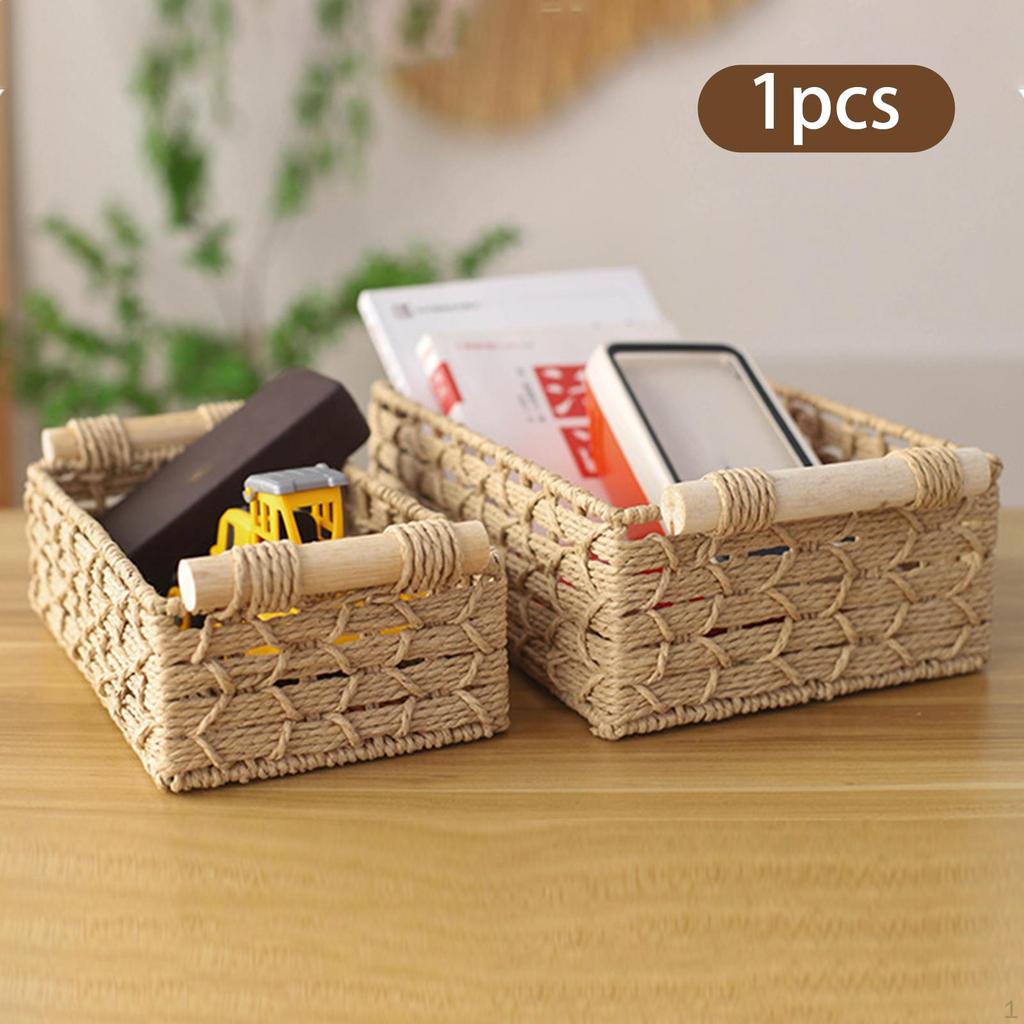 Handmade Storage Basket Made of Paper Rope And Natural Wood Organizer Tray for Cosmetics