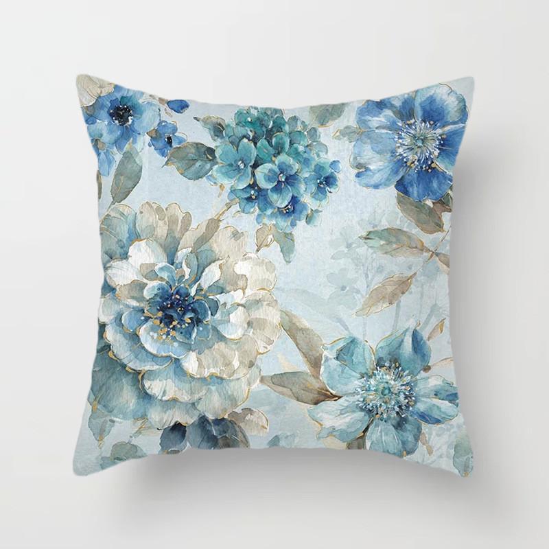 Blue flower and bird printed polyester square cushion cover for home living room sofa office decoration waist cushion pillowcase