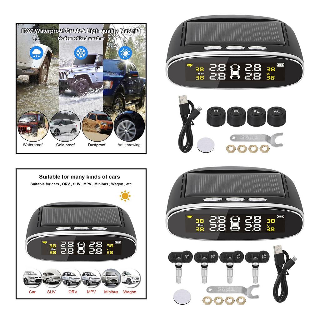 Car Tyre Pressure System Solar, Safety Monitor with 4pcs LCD Display, Tyre Pressure Temperature Warning Alarm Monitor Systems