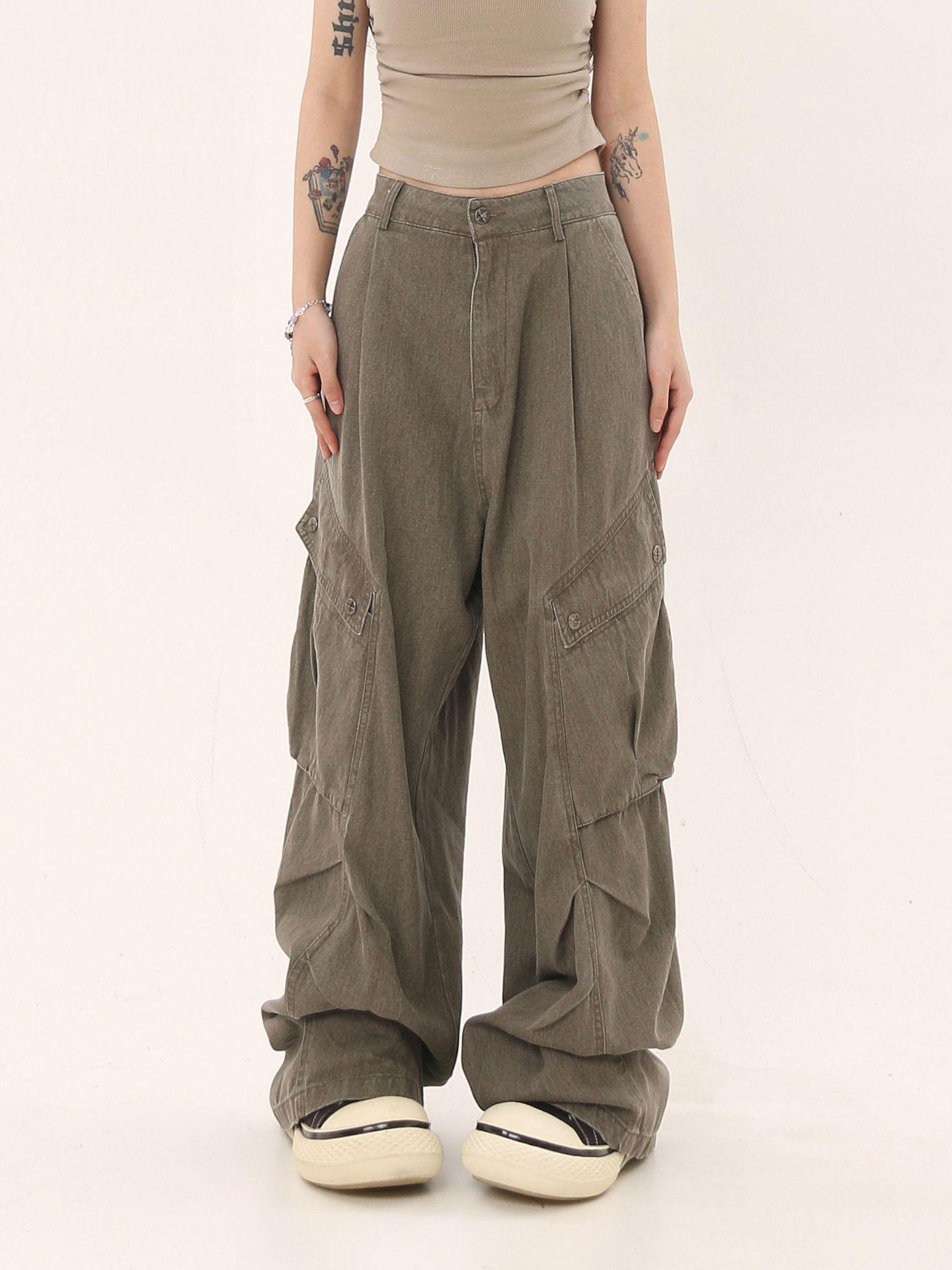 

Комбинезон унисекс в американском ретро-стиле — свободный крой, большие карманы, плиссированные широкие штаны для мытья полов. XL зелёный/серый