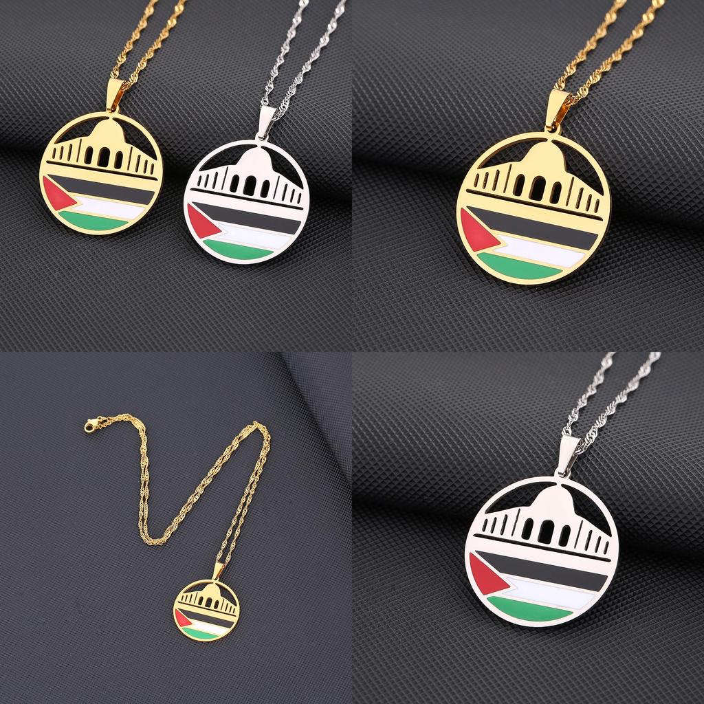 Durable Stainless Steel Pendant Necklace With Ethnic Style Aksha Mosque And Palestine Charm