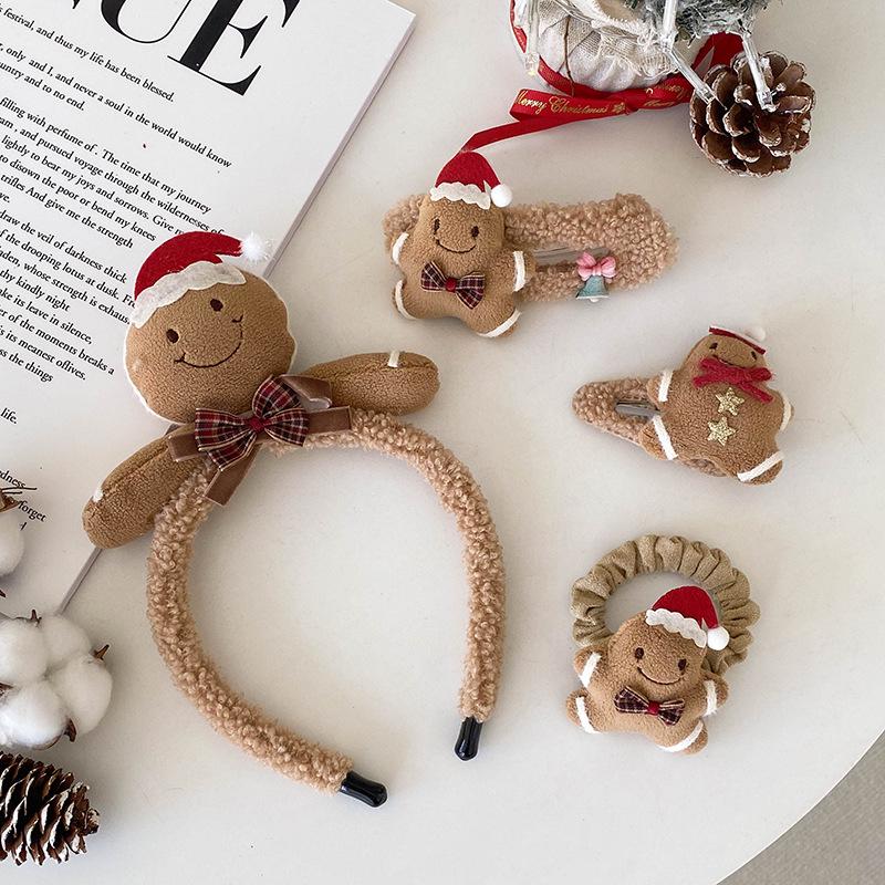 Christmas Gingerbread Man Hair Accessories: Cute Plush Headband & BB Clip Set