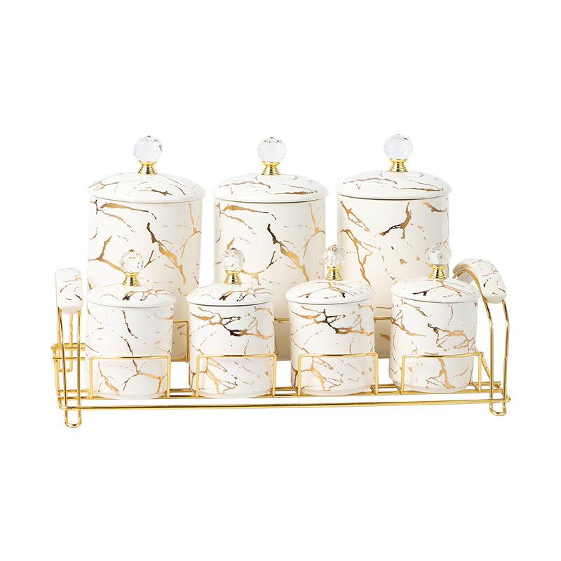 Marbled Ceramic Storage Jar with Lid Storage Tanks Metal Rack Base Food Organizers Storages Bottles Kitchen Storage Container