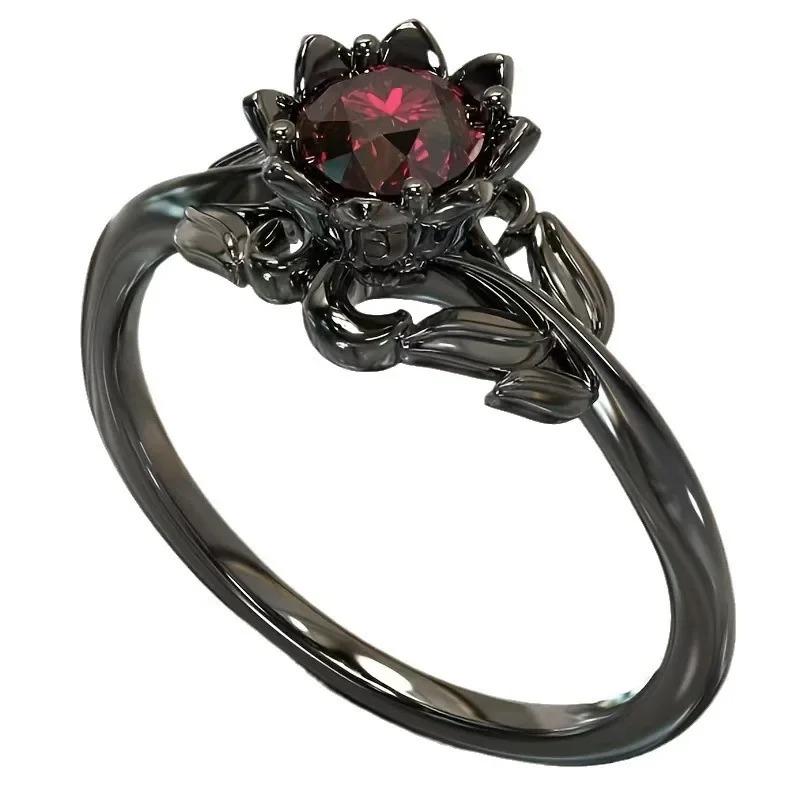 Anelli Rotondi con Fiori di Colore Nero Charm per Donna Anelli con Pietra Rossa Gioielli Regalo per Festa