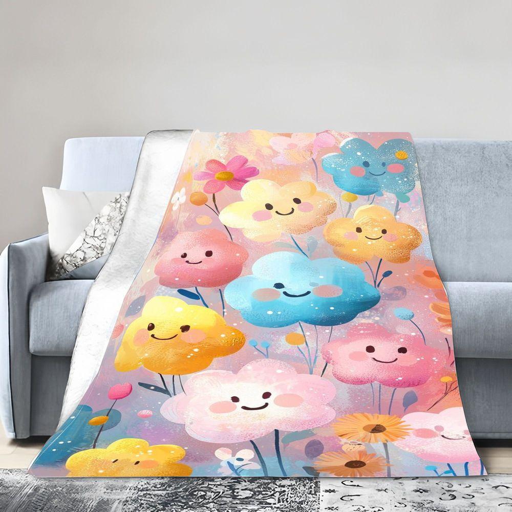 Whimsical Floral Throw Blanket - Cheerful Smiling Flowers in Pastel Hues, Soft and Cozy Blanket for Home Décor - Perfect for Kid