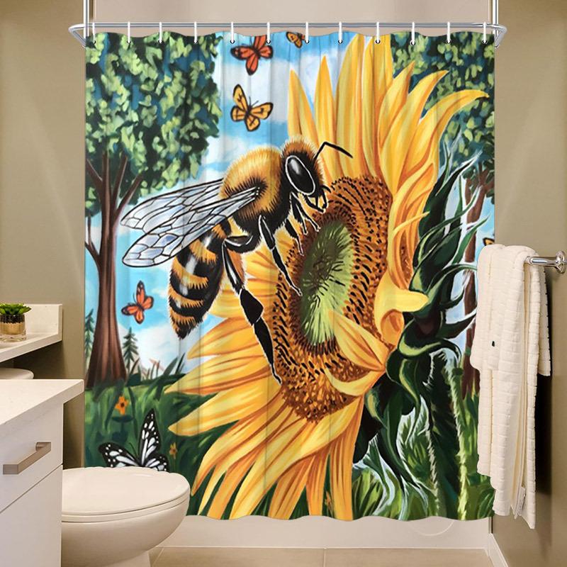 1Pc Bee & Sunflower Shower Curtain - Butterflies Botanical Art, Polyester, 70.8X70.8 Inches, 12 Hooks, Elegant Bathroom Decor