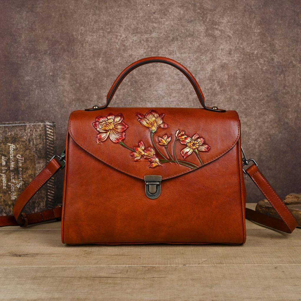 Johnature Chinese Style Genuine Leather Retro Embossed Women's Handbag With Large Capacity Shoulder Crossbody Bag