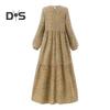 Women Maxi Dress O Neck Long Sleeve Loose A Line Big Hem Dot Print Vintage Soft Patchwork Dubai Turkey Abaya Long Robe Dress
