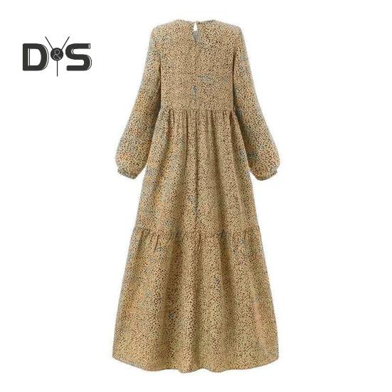 Women Maxi Dress O Neck Long Sleeve Loose A Line Big Hem Dot Print Vintage Soft Patchwork Dubai Turkey Abaya Long Robe Dress