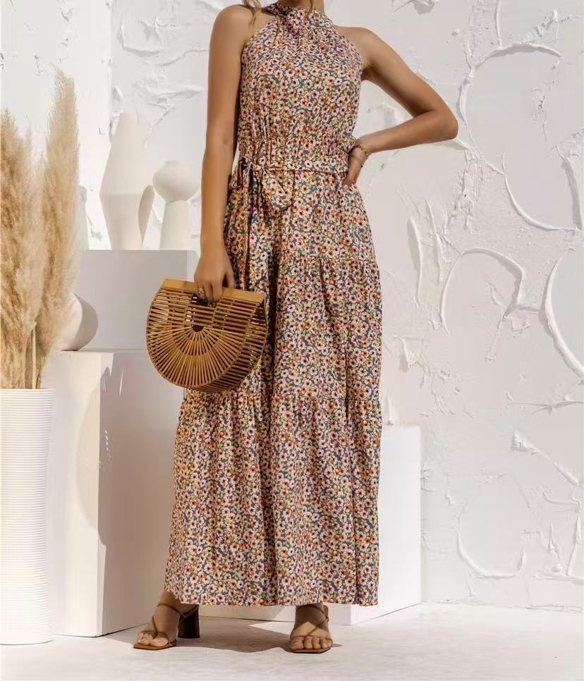 Women's long dress popular new neck polka dot printing lace-up dress