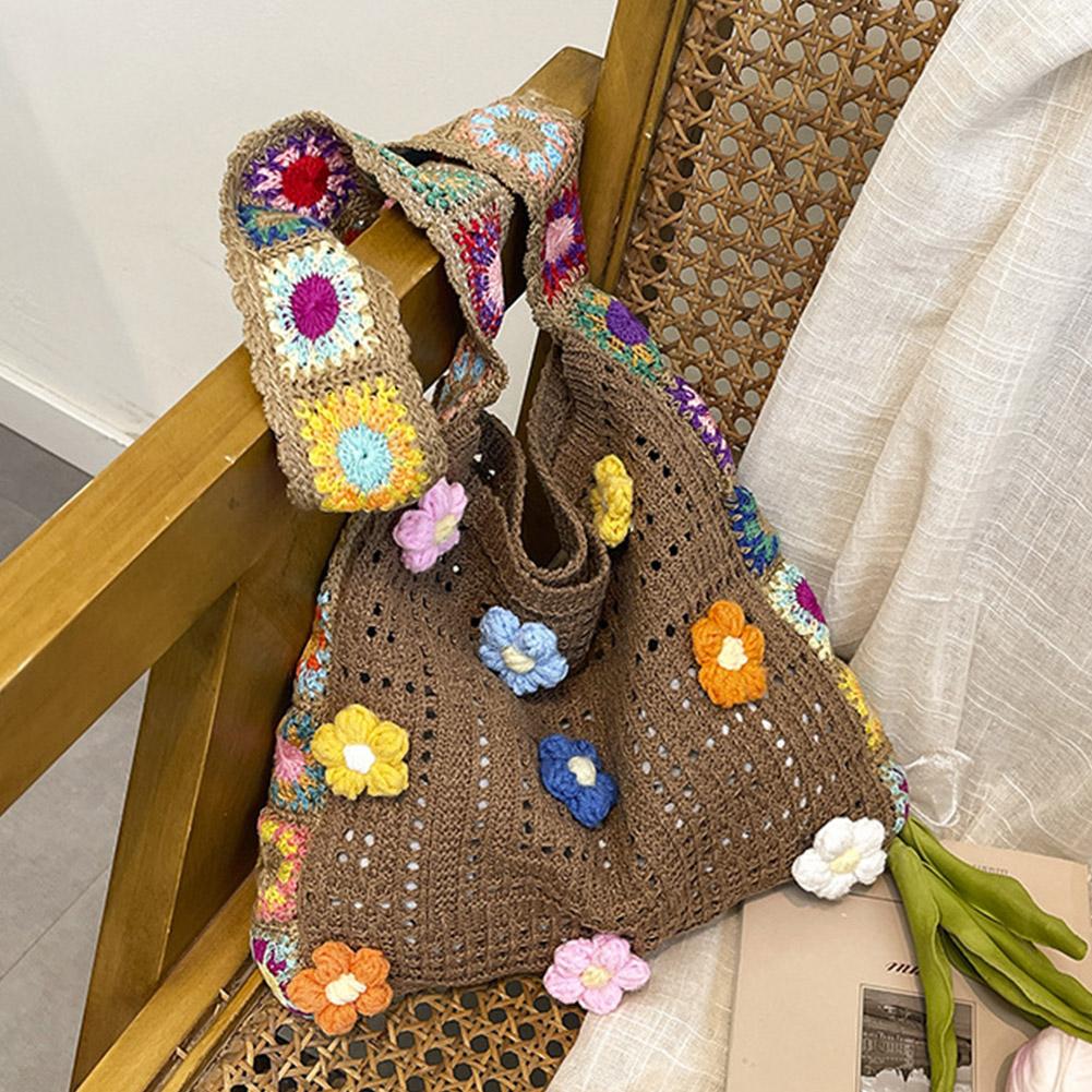 Casual Knitted Shoulder Bag Large Capacity Crochet Tote Bag Lovely Woven Shoulder Bag  Multicolor Cut-out Knitted Handbag