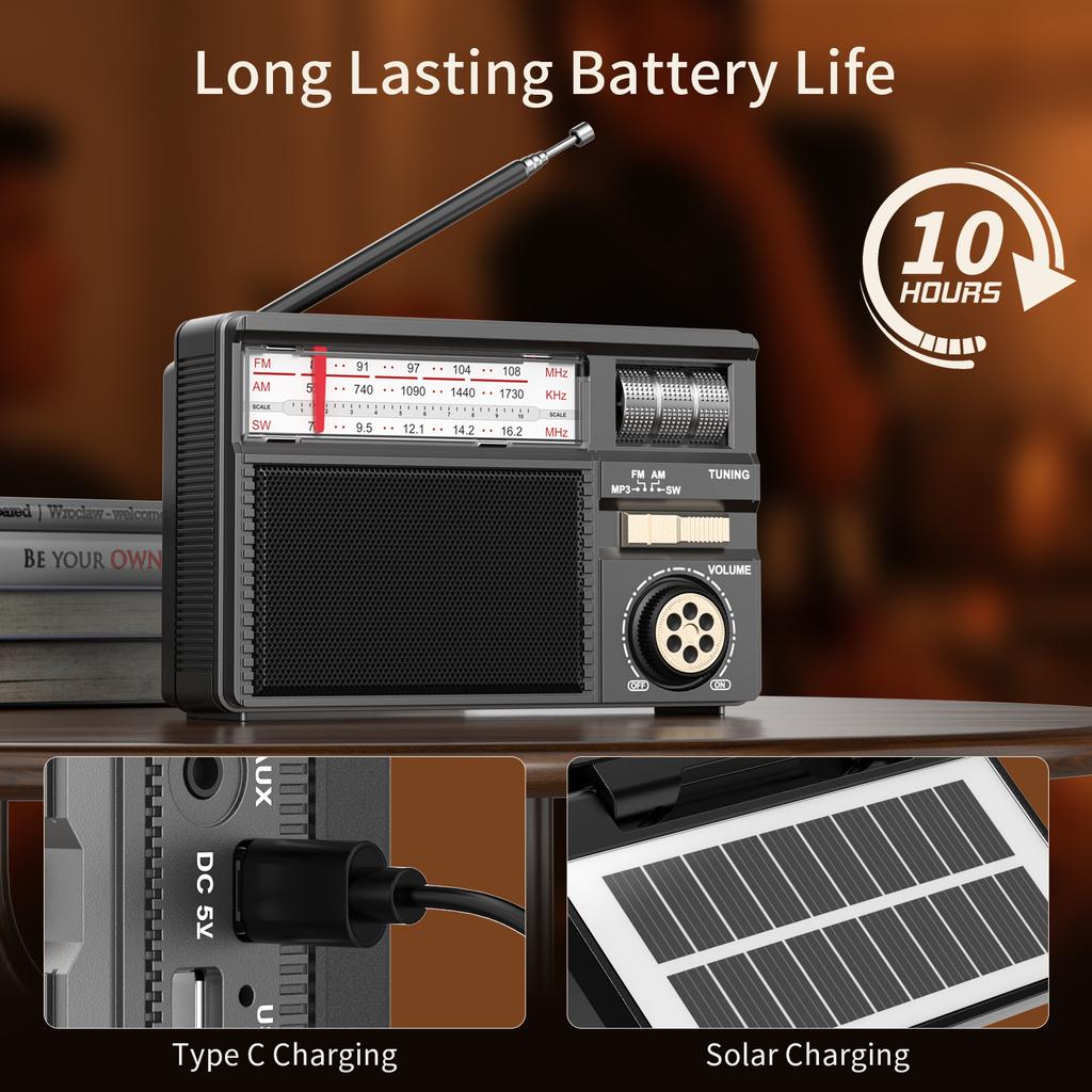 Retro přenosný Full Band rádiový přijímač Solární Bluetooth 5.2 Reproduktor Přehrávač hudby Podpora TF USB