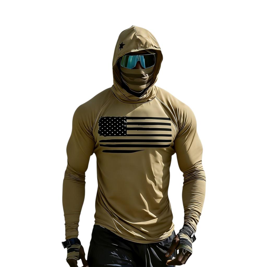 Long Sleeve Hooded Shirt with Face Covering and Flag Print Lightweight Pullover for Outdoor Sports and Activities