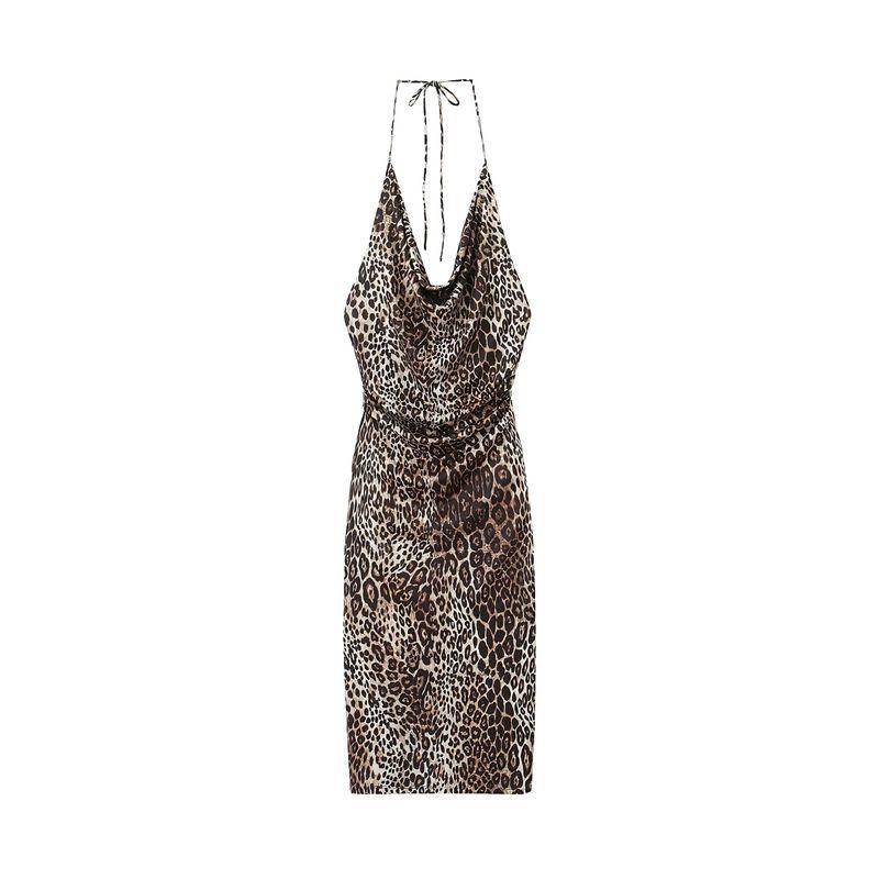 Jnleaog Autumn Women's Clothing European, American and French Style Animal Pattern Print Ruched Halterneck Dress 1165098 042