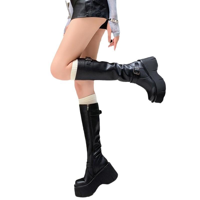 Dámské boty Základní dámské kozačky Klasické kozačky nad koleno Dámské Boty na klínku s platformou se sponou na opasku a bočním zipem Kulatá špička Dámské