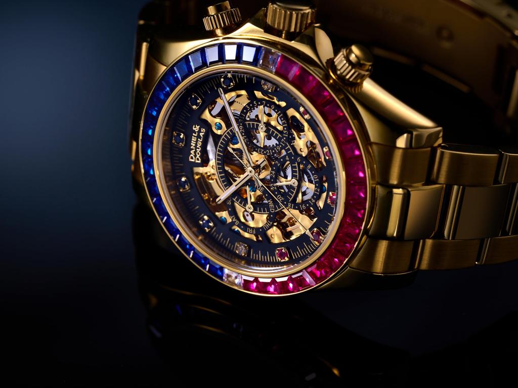 Daniel Douglas DD8802DG Analog Automatic Mechanical Gold and & Watch, Silver, Men's (Blue Pink)