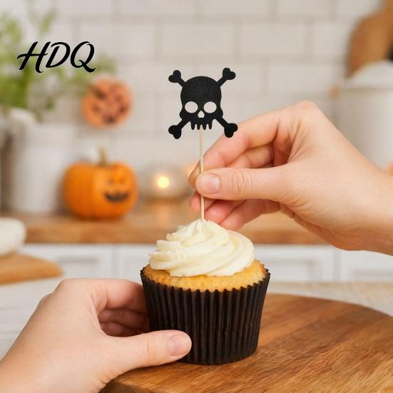 Glitter Black Cake Topper 8 Pcs Halloween Cupcake Picks Spooky Skull Decoration