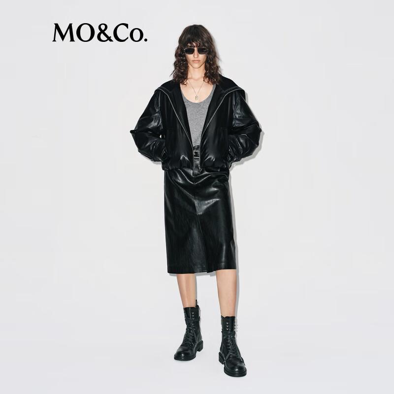 

MO&Co. Women s Black PU Leather Hooded Goose Down Jacket M