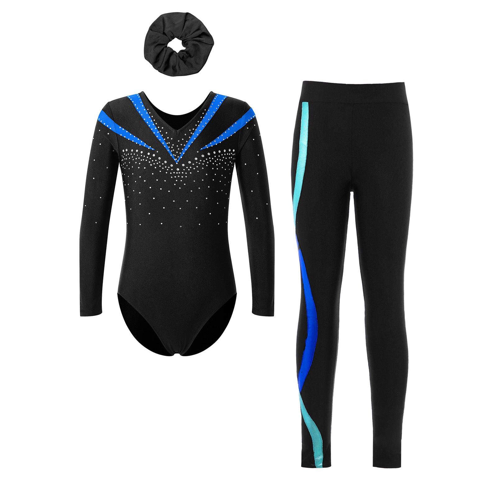 

Girls Gymnastics Outfit Set Sparkly Rhinestone Long Sleeve Leotard Paired with Leggings and Hair Accessory 5-6 Years синій
