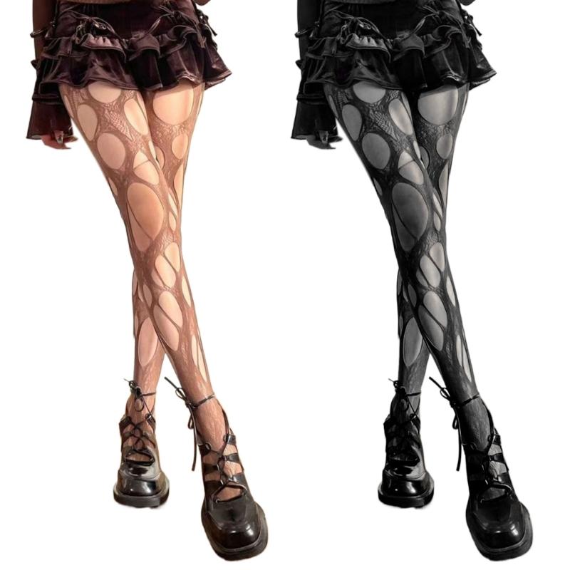 Women Goth Sexy See Through Fishnet Tights Stockings Hollowed Out Irregular Distressed Hole Sheer Mesh Pantyhose
