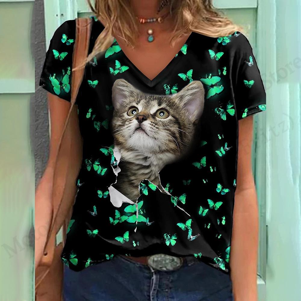 Summer V-neck 3D Cat Pattern Printed Top Fashionable Casual Short Sleeved Women's T-shirts
