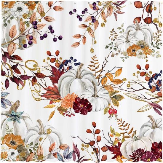 Funnytree 72"x72" Autumn Boho Pumpkins Watercolor Floral Leaves Rustic Fall Thanksgiving Harvest Farmhouse Shower Curtain for Bathroom Decor Machine