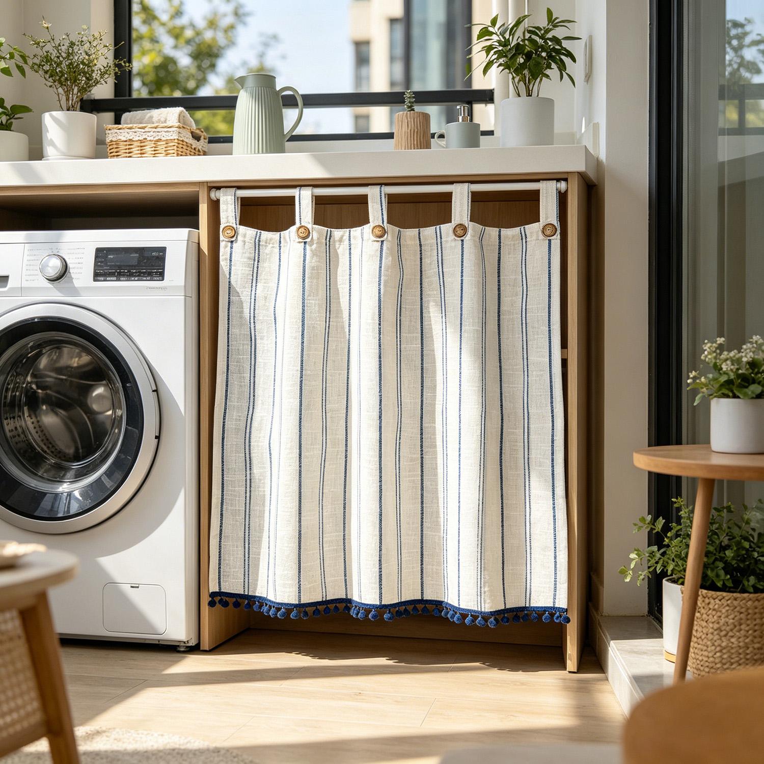 1 STuks Moderne Blauwe Strepen Korte Gordijn voor Keukenkastje Raambekleding Met Knoppen Decoratie Tab Top Tab Top&1 panel