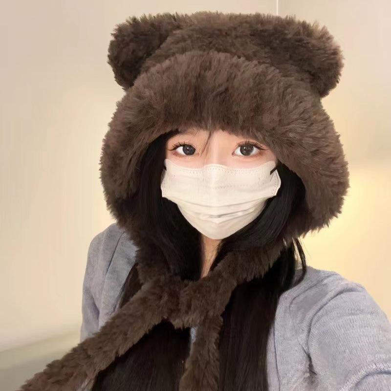 Cute Plush Bear Ears Hat Female Autumn and Winter Warm Ear Protection Big Head Circumference Shows a Small Tide