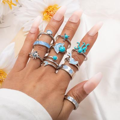 10pcs/set Vintage Octopus Dolphin Marine Life Turquoise Ring