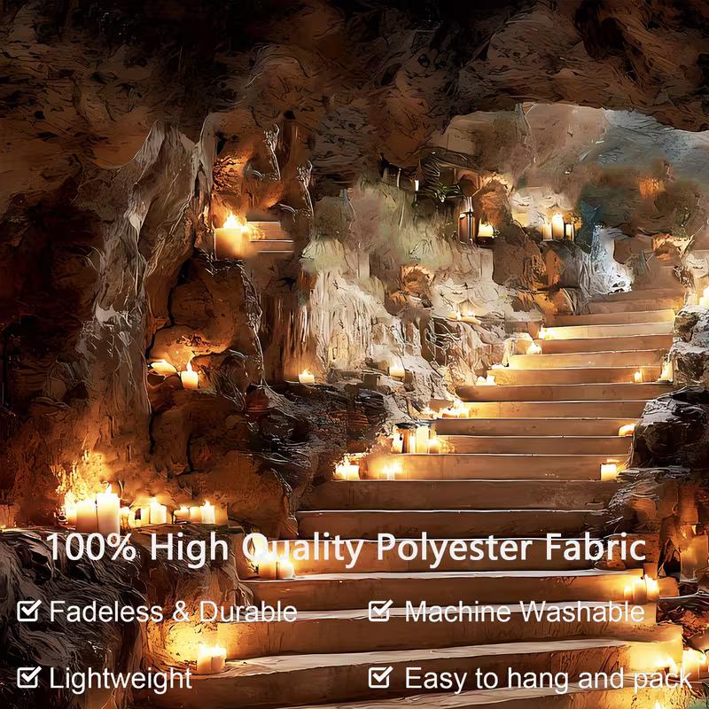 2D Turquoise River Cave Tapestry Magical Candlelit Stairs Photography Background