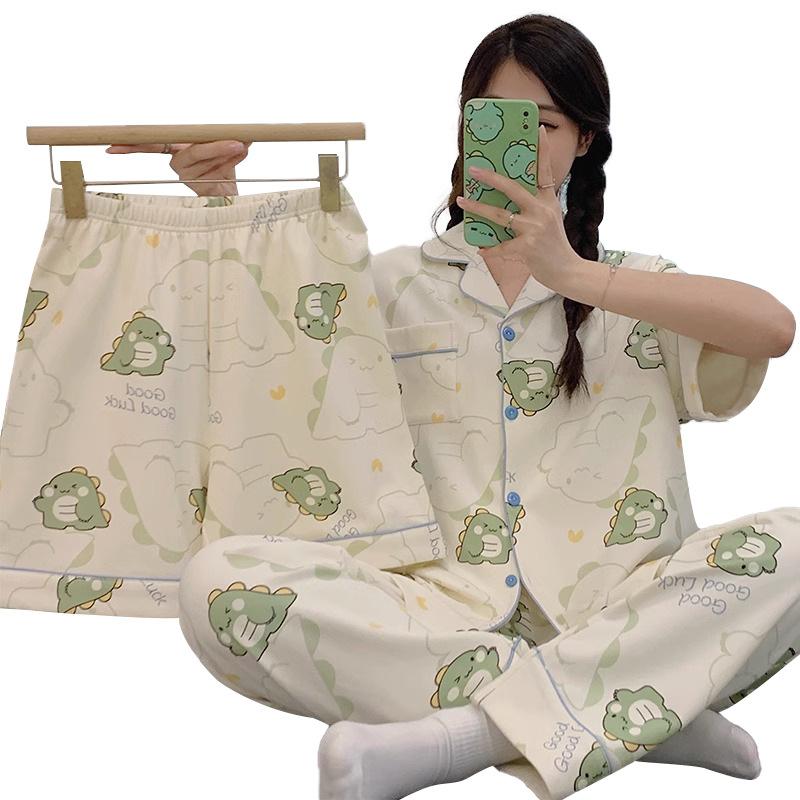Spring And Summer Pajamas Women'S Short-Sleeved Three-Piece Cartoon Cute Little Dinosaur Lazy Style Loungewear