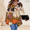 Women Plus Size V Neck Long Sleeve Cartoon Chicken Pumpkin Sunflower Printed Asymmetric Hem Top