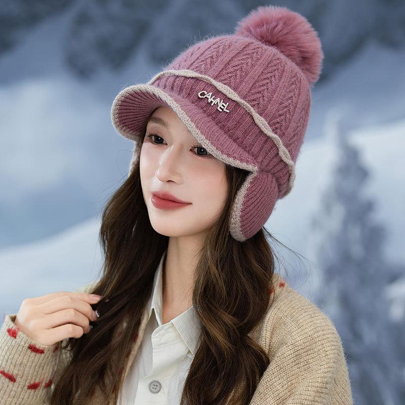 New Fleece Thickened Knitted Cap Women's Autumn and Winter Ear Bag Warm Wool Baseball Cap