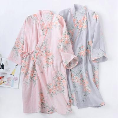 Spring and Summer Half Sleeve Cotton Kimono Bathrobe Women's Nightgown Floral Printed Lace Up Sweatshirt Night Gown