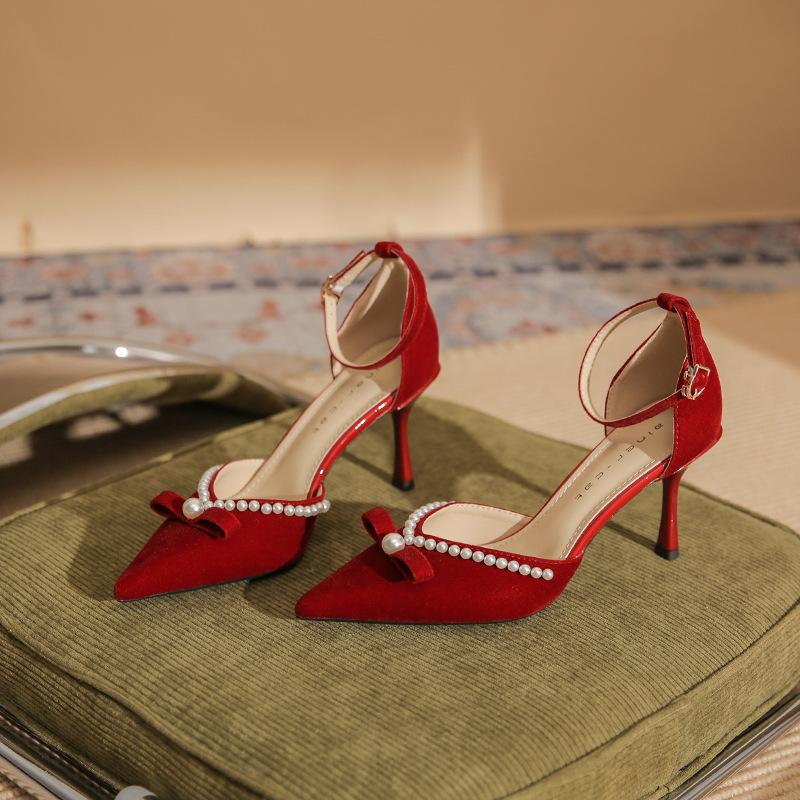 82316 High Heels Women's Thin Heels Spring 2025 New Temperament Bride Shoes Pointed Wedding Shoes One-word Single Shoes