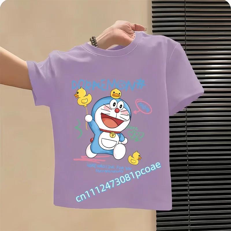 Doraemon Children's Pure Polyester Short-Sleeved Boys' Sports Shirt, Girls' Casual Top, Big Bear Cartoon Print Summer T-Shirt