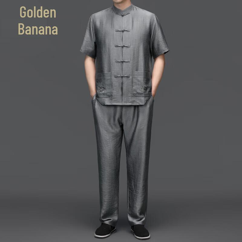 

Jinjuju Men s Chinese Style Ice Silk Short Sleeve Tang Suit Set 195/44
