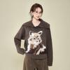 Brown Puppy Plush Lapel Long-sleeved Knitted Sweater Jacket Autumn and Winter Base with Thickened Thermal Top Women