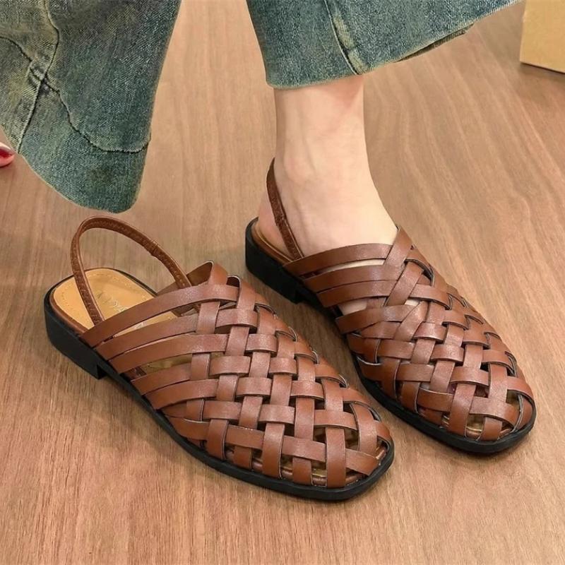 Handgefertigte Gewebte Mules Flache Sandalen Damen Sommer Lässig Große Größe Römische Schuhe Schmaler Riemen Slip-on Zehenbedeckung Gladiator Sandalen