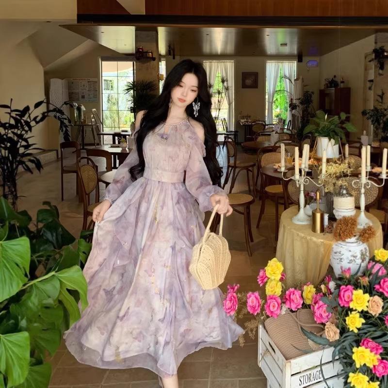 French Off-Shoulder Butterfly Print Long-Sleeve Ruffle Dress for Women - Spring/Summer Collection
